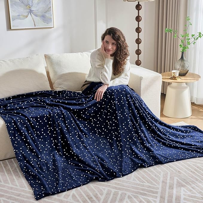 NANPIPER Fleece Blanket Heart Foil Print, Queen Size Soft Thick Microfiber, All Season Warm Lightweight Throw for Couch/Bed, 90"x90" Navy Blue