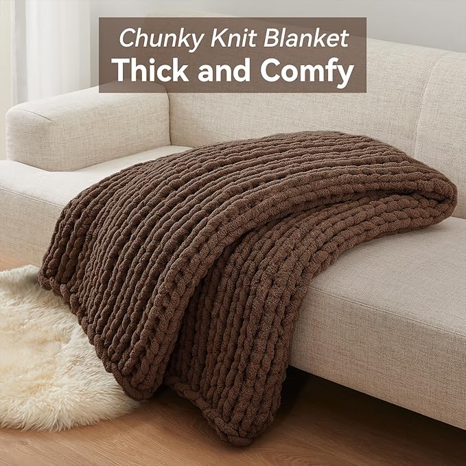 Chunky Knit Throw Blanket, 50''*60'' Knitted Throw Chenille Yarn for Bed Couch, Handmade Dark Brown Crochet Big Thick Blanket, Machine Washable Cute Comfy Blanket for Home Decor