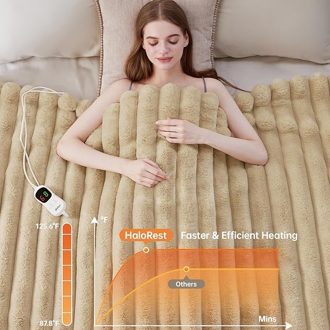 Heated Throw Blanket, Faux Fur Cozy Heating Blanket with Overheat Protection, 1/2/4/6/8 Hours Auto-Off 10 Heat Level, Machine Washable (50x60 Inches, Beige)