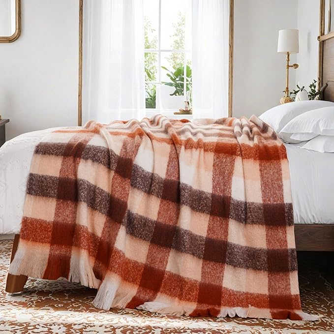 BATTILO Rust Plaid Throw Blanket for Couch Bed, Soft Mohair Tartan Plaid Blanket, Farmhouse Style Checkered Pattern, Fall Throw Blankets for Home Decor(50"x60")