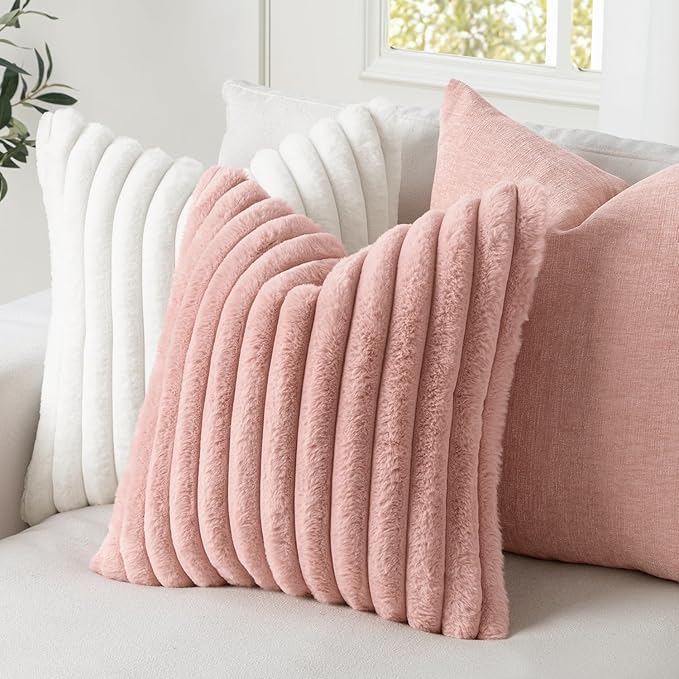 MIULEE Faux Fur Valentines Decorative Throw Pillow Covers 18x18 Inch Set of 2, Modern Spring Home Decor Cute Soft Plush Couch Pillows Cozy Fluffy Cushion Covers for Sofa Bed Blush Pink