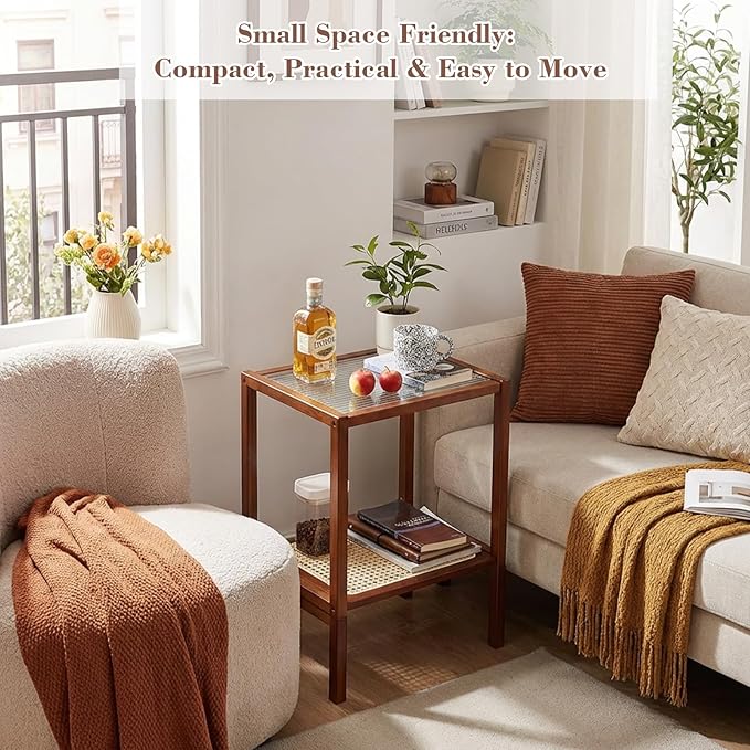 Tiita Rattan Side Table, Mid Century Nightstand, 2-Tier Bamboo Accent Bedside Tables, Glass Coffee Tables, Boho Wooden Narrow End Table with Storage for Small Space, Living Room and Bedroom
