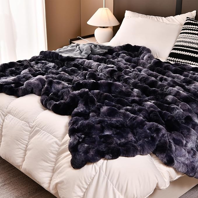 H&D Faux Fur Throw Blanket for Couch,Fluffy Cozy Soft Plush Luxury Thick Fuzzy Fleece Blanket for Couch Bed Sofa Bedroom Living Room,Comfy Bubble Blanket