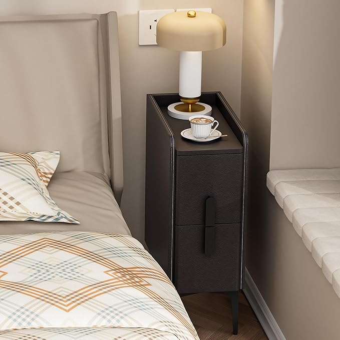 VICITON Narrow Nightstand with 2 Drawers, Narrow Side Table Leather Surface, Slim Bedside Table for Bedrooms, Dormitories, Living Rooms (Dark Gray, 15.7" D x 7.8" W x 22.4" H)