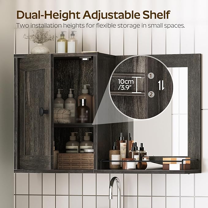 Medicine Wall Cabinet with Mirror, Bathroom Mirror with Storage, Medicine Cabinet Mirror, Wall Mounted Home Storage, Adjustable Shelf, for Laundry Room, Bedroom, Camper, Hallway, Smoky Oak