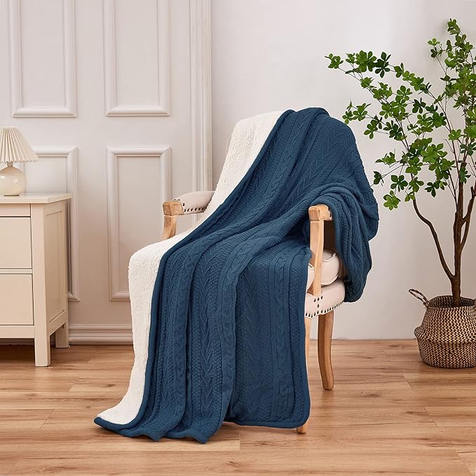 Longhui bedding Acrylic Cable Knit Sherpa Throw Blanket - Thick, Soft, Big, Cozy Grey Blue Knitted Fleece Blankets for Couch, Sofa, Bed - Large 60 x 80 Inches Gray Blue Coverlet All Season