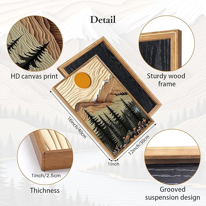 CHDITB Mountain Forest Framed Canvas Wall Art Set Of 3, Rustic Nature Wall Decor, Scenic Lake Sunrise Landscape Painting, Boho Woodland Art Prints For Living Room Bedroom Office Decoration 12”X16”