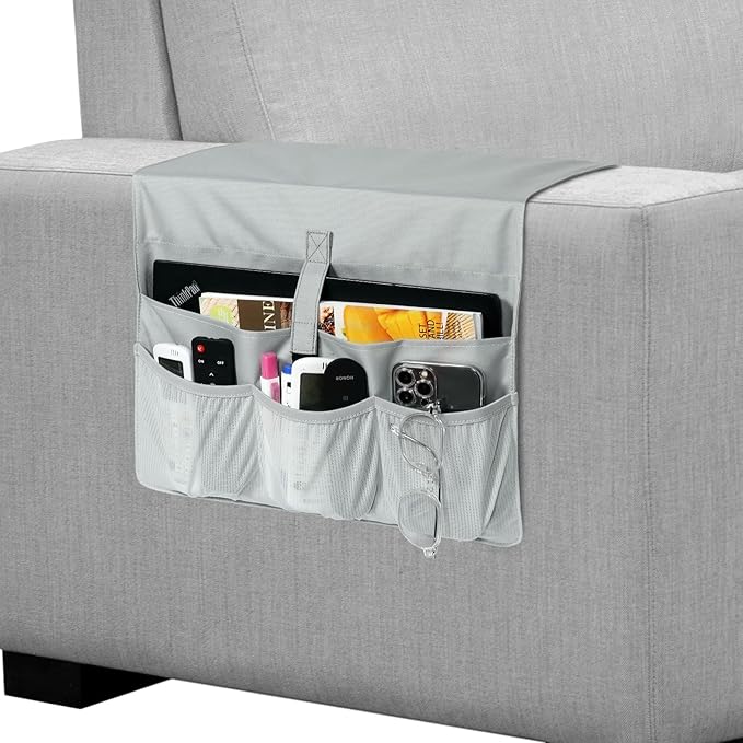 WOMACO Sofa Armrest Remote Magazine Holder, Non-Slip Armchair Recliner Caddy, Couch Arms TV Remote Control Organizer for Tablet, Phone, iPad, Laptop (Light Gray, 16" x 35")