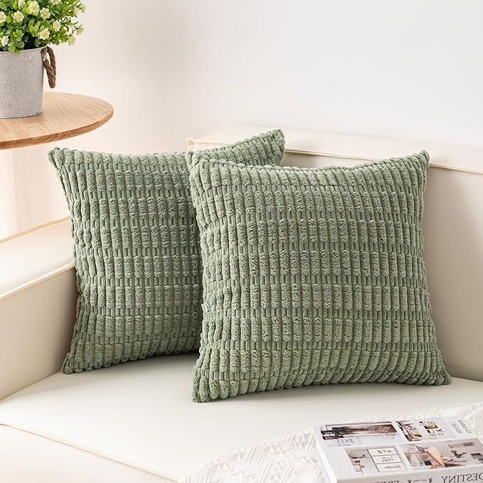 Aegero Pack of 2 Corduroy Decorative Throw Pillow Covers 26x26 InchSoft Striped Pillow Covers Modern Farmhouse Home Decor for Sofa Living Room Couch Bed（Sage Green）
