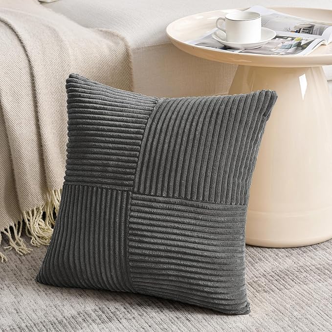 Fancy Homi 2 Packs Dark Gray Decorative Throw Pillow Covers 16x16 Inch for Living Room Couch Bed, Rustic Farmhouse Boho Home Decor, Soft Corss Patchwork Corduroy Textured Square Cushion Case 40x40 cm