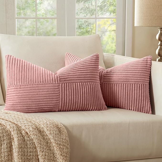 MIULEE Blush Pink Decorative Lumbar Throw Pillow Covers 12x20 Inch for Couch Bed Sofa Valentines Day Pack of 2 Boho Farmhouse Throw Pillows Soft Cross Corduroy Patchwork Textured Cushion Cases