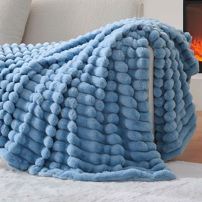 Lotus Karen Faux Fur Blanket for Bed Queen Size, Cozy Soft Fluffy Fuzzy Blue Blanket, Striped Warm Thick Furry Plush Shaggy Large Blankets for Women, 90x90
