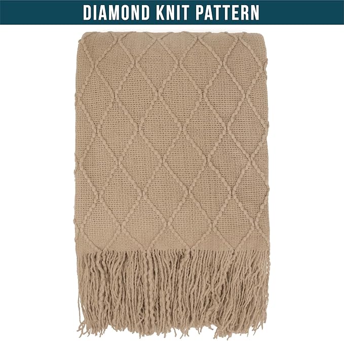 PAVILIA Tan Taupe Knit Throw Blanket for Couch, Twin Bed, Soft Knitted Farmhouse Sofa Throw for Living Room, Lightweight Decorative Fall Blanket for Chair, Outdoor Textured Boho Blanket, 60x80