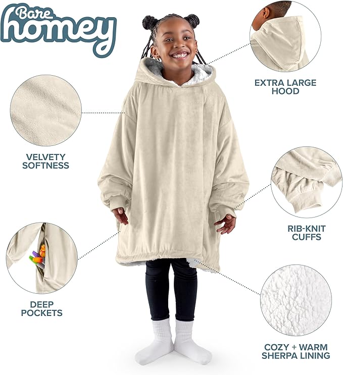 Bare Home Wearable Blanket Hoodie - Soft Plush Sherpa - Warm and Cozy - Oversized Wearable Blanket - Adult & Kid Sizes