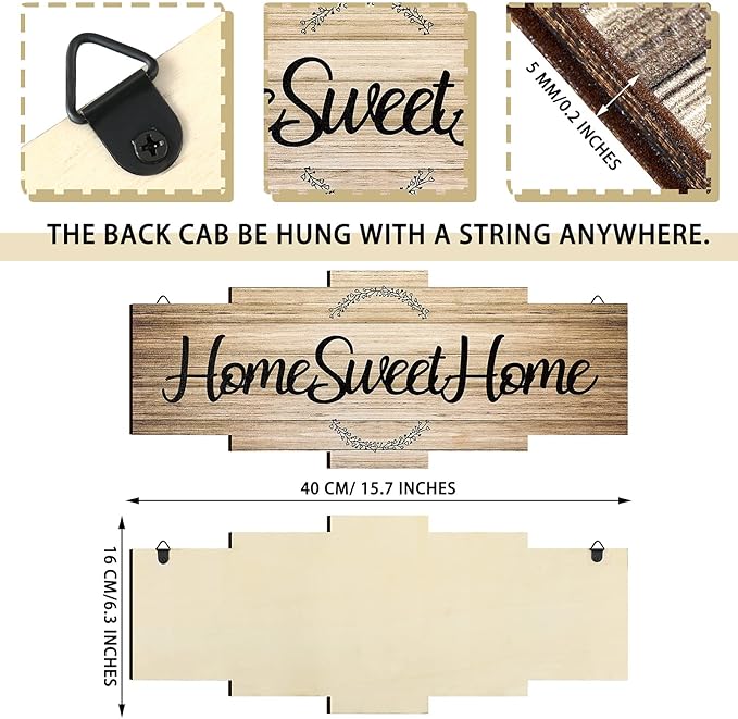 Jetec Home Sweet Home Sign, Rustic Wood Room Wall Decor, Farmhouse Plaque Wall Hanging Wooden Sign for Bedroom, Living Room, Wedding Decor(Wood Color)