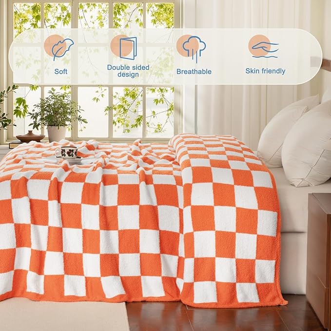 Whale Flotilla Checkered Knit Throw Blanket, Ultra Soft Warm Reversible Cozy Decorative Blankets for Couch Sofa and Bed, 50x60 Inch, Orange