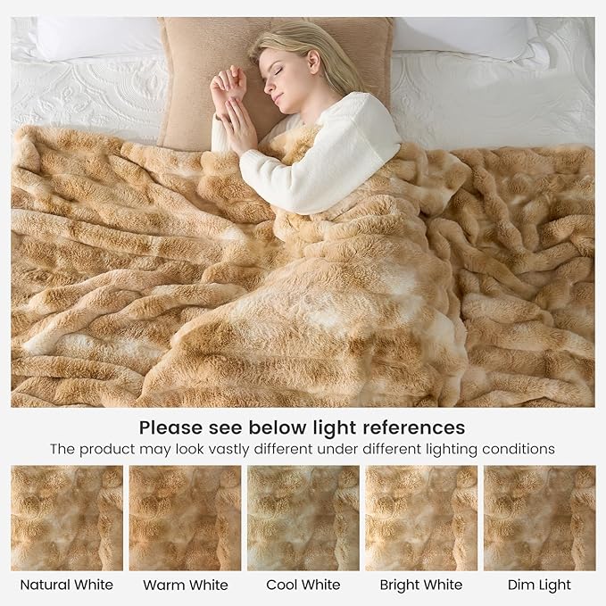 Cozy Bliss Deluxe Striped Rabbit Faux Fur Throw Blanket, Soft Fluffy Warm Plush Blanket for Winter, Modern Homr Decor, Tie-dye Khaki 60"x80"