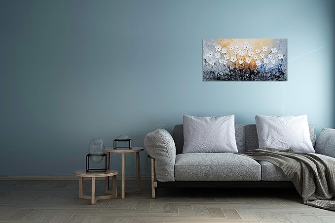 SYGALLERIER White Flower Canvas Wall Art - Hand Painted 3D Oil Paintings - Black Blue Pictures for Living Room Farmhouse Dinning Room Decor