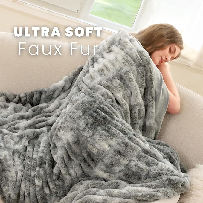 Ultra Soft Faux Rabbit Fur Throw Blanket, Cozy Fuzzy Blanket for Couch Bed, Plush Warm Decor Gifts, Luxury Thick Fluffy Blanket for Women, 50x60 inches, Tie-Dyed in Gray