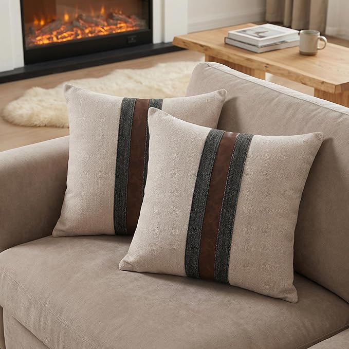BOYSUM Set of 2 Leather Throw Pillow Covers Cotton Linen Decor Patchwork Pillow Cover Faux Leather Pillows Cover for Couch Sofa Living Room Bedroom,Beige 18"x18"