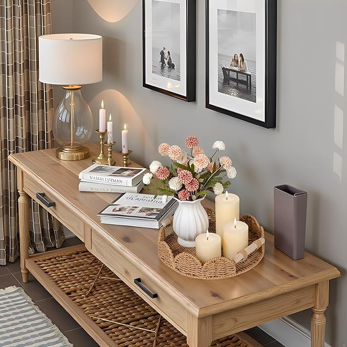 CubesLand Round Scalloped Decorative Centerpiece Tray for Coffee Table, Home Decor, Living Room - Neutral Tray w/Wooden Handle – Warm and Elegant for Holidays, Housewarmings - Candle Plate Holder