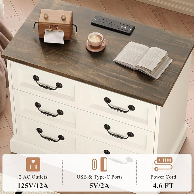 27.6" Wide Farmhouse Nightstand with Charging Station, 3 Drawer Nightstands Set of 2, Larger Side Table End Table, Modern Night Stand for Bedroom, Living Room, White Nightstand