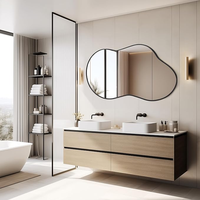 Irregular Wall Mirror - Wall Mirrors Decorative 20"x36" Black Asymmetrical Mirror Tempered Glass Aviation Aluminum Alloy Frame for Bathroom, Bedroom, Living Room, Cloakroom, Entryway