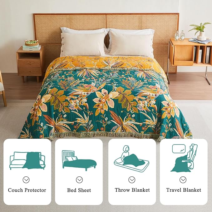 Boho Throw Blanket - 50"x60" Soft Cotton Throw Blanket Muslin Blankets for Bed, Reversible Lightweight Spring Blanket with Floral Printed, All Season Farmhouse Decor Rustic Blanket