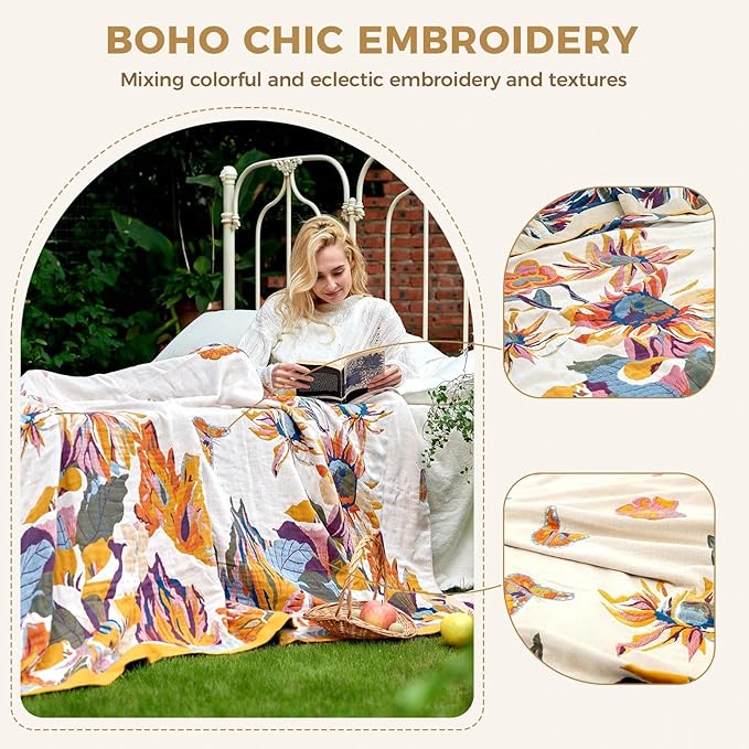Queen Throw Blanket for Bed 100% Cotton Boho Breathable Soft Quilt Butterfly and Floral Double Embroidery Lightweight Spring Blanket Bedspread,90"x90" All Season Blankets for Bedding Couch Room Decor