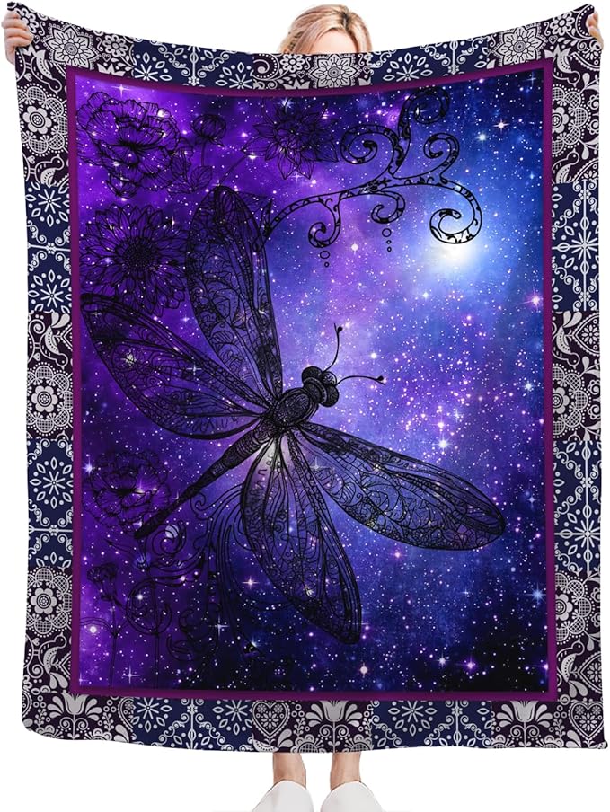 Dragonfly Blanket for Girls Women Boys Men Adults Kids Soft Cozy Fleece Purple Galaxy Starry Dragonfly Throw Blankets Gifts Warm Flannel Plush Lightweight Decor for Couch Bed Sofa 50"X40"