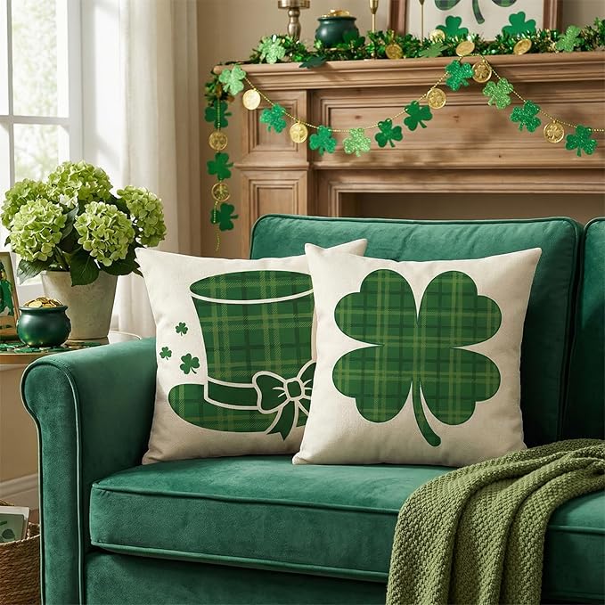 ONFAON St Patricks Day Decorations,St Patricks Day Pillow Covers 18x18 Set of 4 Scottish Tartan Plaid St Patricks Day Hat Farmhouse Classic Decorative Square Cushion Cases for Sofa Couch