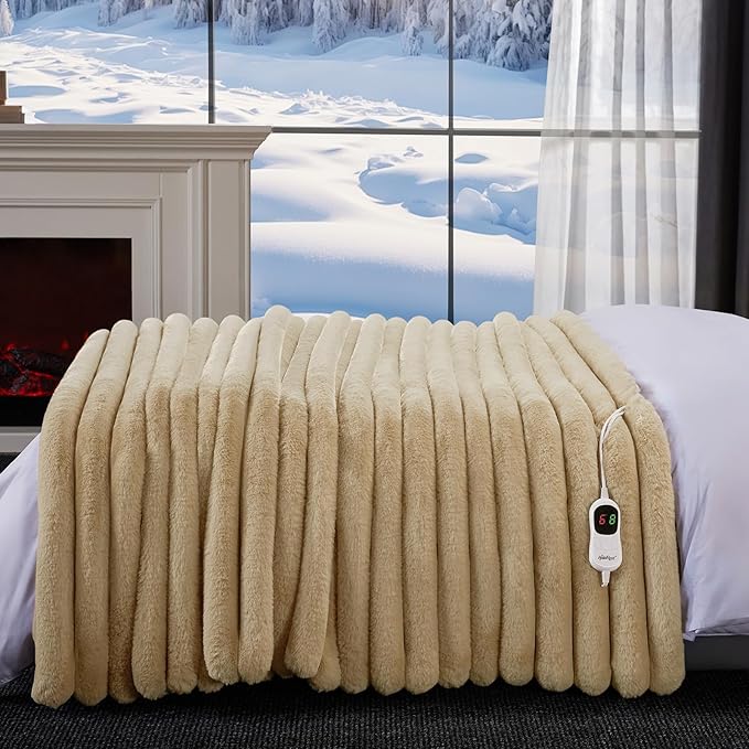 Heated Throw Blanket, Faux Fur Cozy Heating Blanket with Overheat Protection, 1/2/4/6/8 Hours Auto-Off 10 Heat Level, Machine Washable (50x60 Inches, Beige)