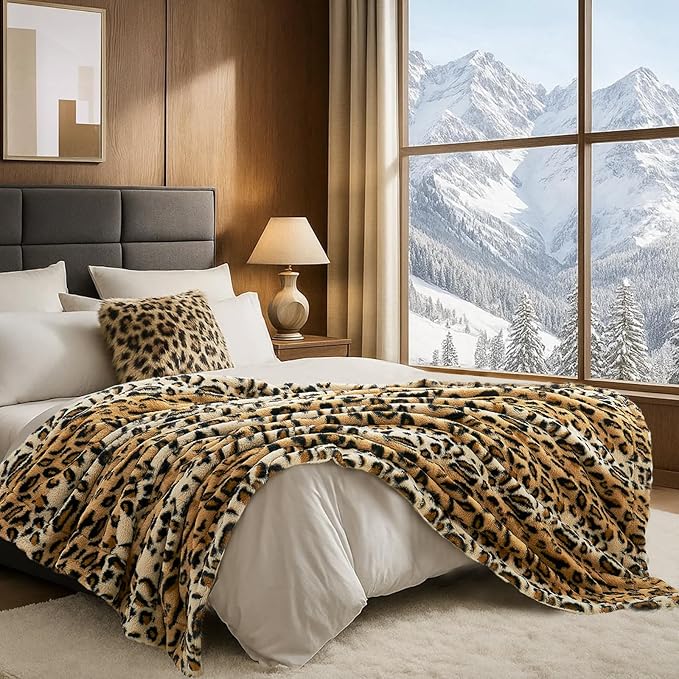 Cozy Bliss Luxury Faux Fur Throw Blanket Leopard Print, Non Shedding Double Sided Sherpa Blankets Super Soft Fluffy Thick Warm Throws Home Decor for Couch Bed Sofa Women,60"*80"Inches Brown Leopard