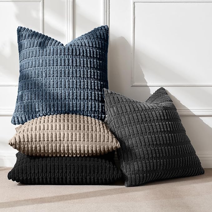 MIULEE Pack of 4 Modern Coastal Western Corduroy Decorative Throw Pillow Covers 18x18 Inch Soft Striped Pillow Covers Home Decor for Sofa Living Room Couch Bed Black and Blue