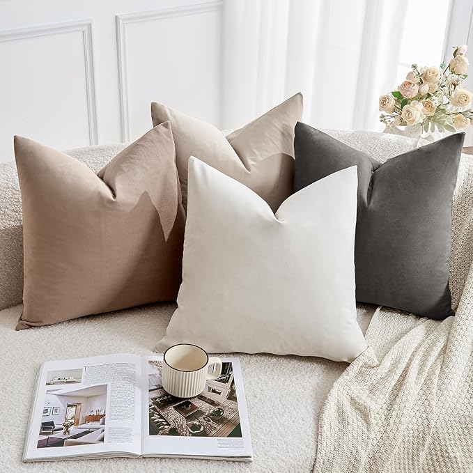 Throw Pillow Covers Set of 4 20x20 Inch Pillow Covers, Soft Velvet Neutral Beige Khaki Grey Pillowcases for Couch Sofa Bed Living Room, Home Boho Decor, Farmhouse Cushion Covers