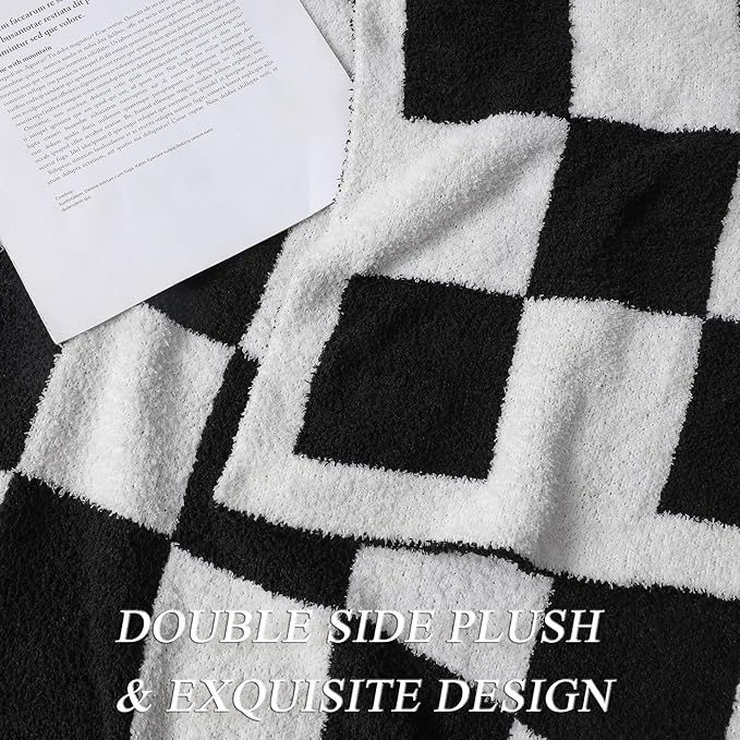 bearberry Fuzzy Checkerboard Grid Throw Blanket Soft Cozy Warm Microfiber All Season Blanket Decor for Couch Sofa Bed Travel Home (Black, 50''x60'')