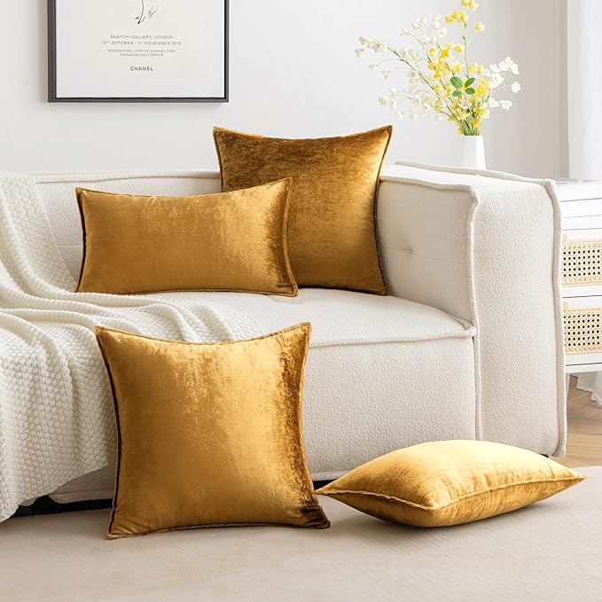 MIULEE Dark Gold Velvet Throw Pillow Covers 22x22 Soft Decorative Solid Square Cushion Cases Pack of 2 Modern Luxury Home Decor for Couch, Sofa, Bedroom