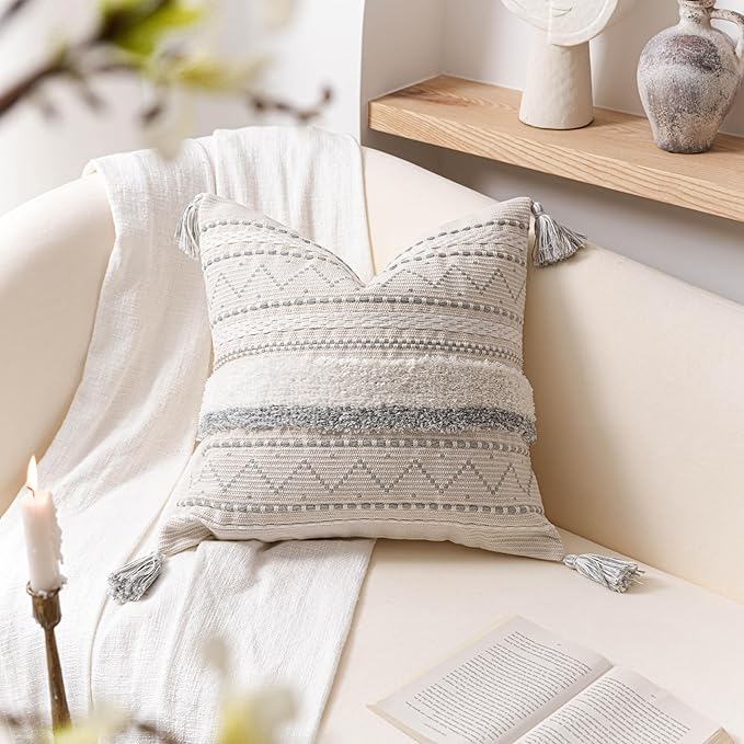 BlissBlush Gray Decorative Throw Pillow Covers 18X18 Combo Set of 2 Square Boho Neutral Grey Accent Pillowcase Tassels Farmhouse Cushion for Couch Sofa Bedroom Living Room Home Décor Cover ONLY