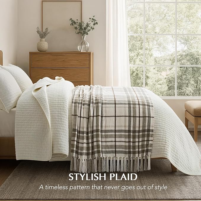 EverGrace Plaid Chenille Throw Blanket for Couch, Super Soft Cozy Decorative Farmhouse Plaid Throw with Tassels, Lightweight Chenille Knit Throw for Bed Sofa Gift Home Decor, Beige 50”x60”