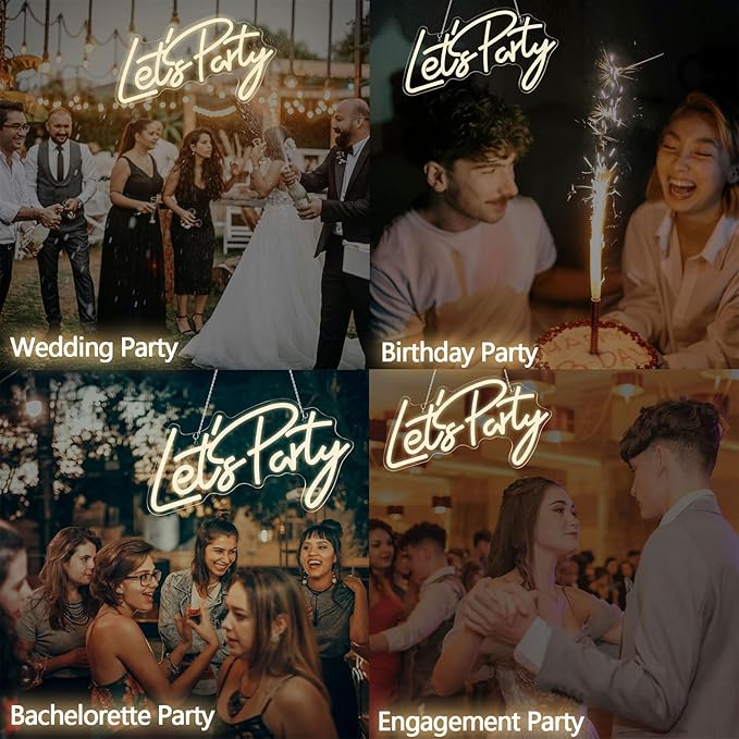 Let's Party Neon Signs, Dimmable LED Let's Party Neon Light Sign for Wall Decor, Decorative Let's Party Neon Lights for Bachelorette Party, Engagement Party, Birthday Party, Wedding Party Warm White