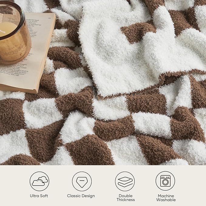 Snuggle Sac Checkered Bedding Blanket Twin Size 60x80, Super Soft Cozy Warm Knit Blankets, Reversible Breathable Lightweight Fluffy Throws for Sofa Bed, Checkered Brown, 60x80 Inches