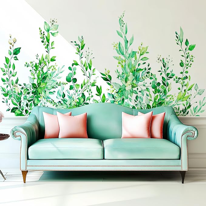 Emerald Green Plants Leaves Wall Decals Peel and Stick, Large Floral Flowers Vinyl Wall Stickers, Removable Vine Home Decor Art for Bedroom Living Room Classroom Office