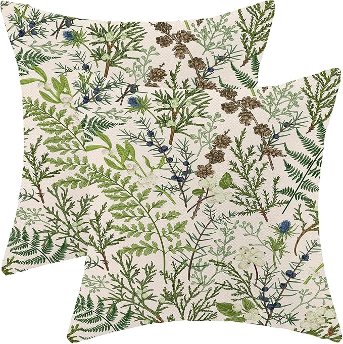 AEIOAE Spring Pillow Covers 18x18 Inch Set of 2,Vintage Sage Green Wild Flower Plant Throw Pillows Case,Seasonal Floral Outdoor Decorative Linen Farmhouse Decor Cushion Covers for Sofa Bed Couch