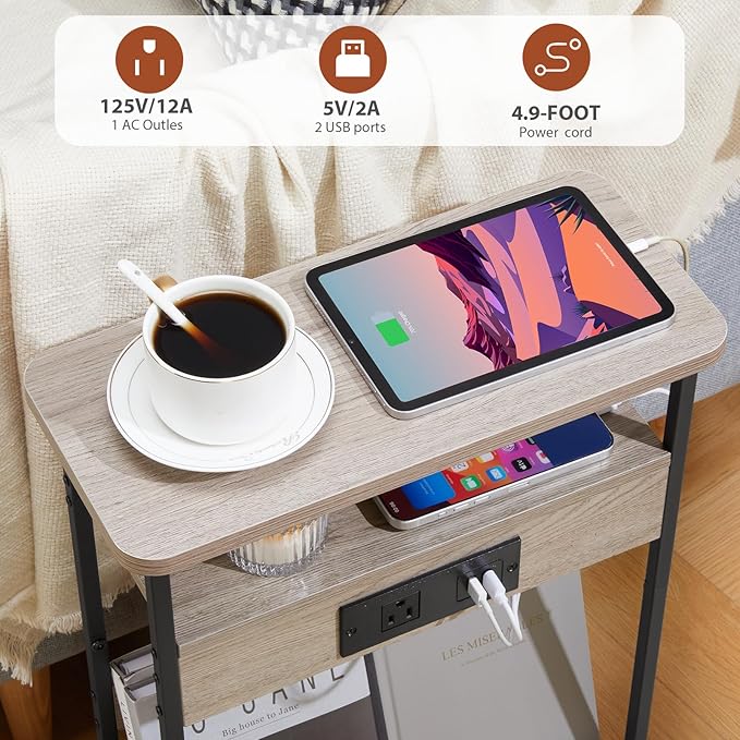Narrow Side Table with Charging Station, 3-Tier End Table with 2 USB Ports & Power Outlets,Thin Sofa Side Table for Narrow and Small Spaces, Bedside Table Nightstand for Living Room,Oak