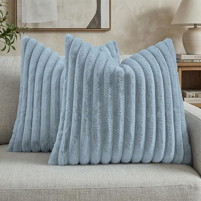 FUTEI Dusty Blue Decorative Throw Pillow Covers Set of 2, 22x22 Inch Soft Fluffy Faux Fur Plush Striped Cushion Cases, Modern Home Decor for Couch Bed Living Room