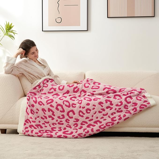 Snuggle Sac Hot Pink Leopard Throw Blanket for Couch - Ultra Soft Warm Plush Blanket, Reversible Cheetah Blanket for Sofa & Bed, Pink Leopard, 50x60 inches