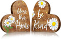 Jetec 2 Pcs Rustic Wooden Heart Table Decor, Daisy Farmhouse Home Decor, Bless This Home & Be Kind Sign for Living Room, Dining Room, Shelf & Mantel, Ideal Housewarming & Birthday Gift(Daisy Style)
