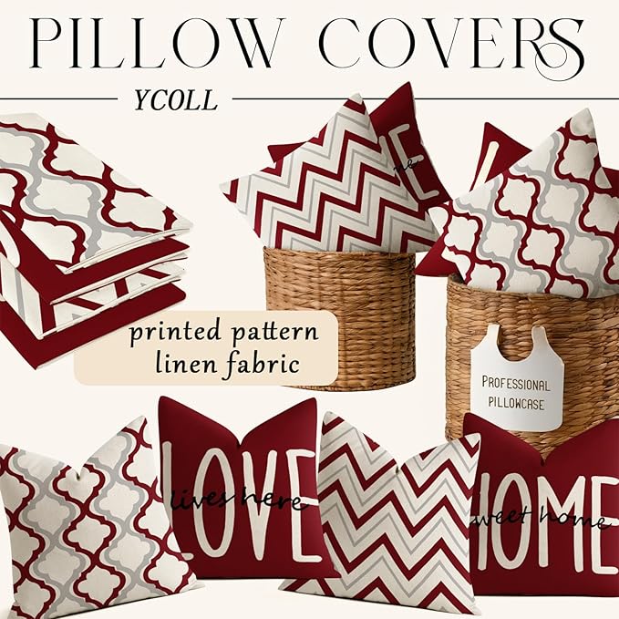 YCOLL Farmhouse Pillow Covers 16x16 Set of 4 Throw Pillow Covers Rustic Linen Decorative Pillows Square Cushion Covers for Couch Sofa Bedroom Home Decor