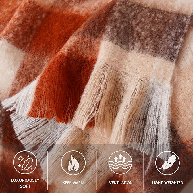 BATTILO Rust Plaid Throw Blanket for Couch Bed, Soft Mohair Tartan Plaid Blanket, Farmhouse Style Checkered Pattern, Fall Throw Blankets for Home Decor(50"x60")