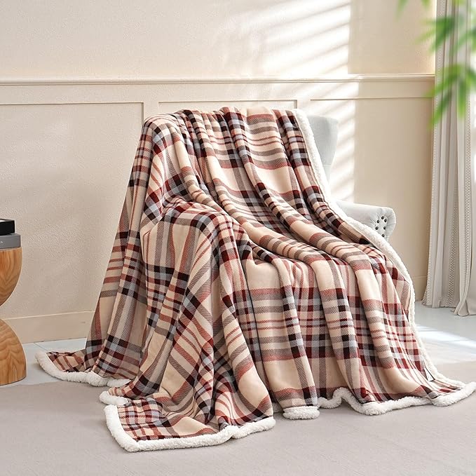 Sherpa Blanket Throw Blanket for Couch Sherpa Fleece Blanket Fluffy Checkered Soft Blanket for All Season Use Cozy Thick Warm Big Throws (Beige-Plaid, 60"*80")